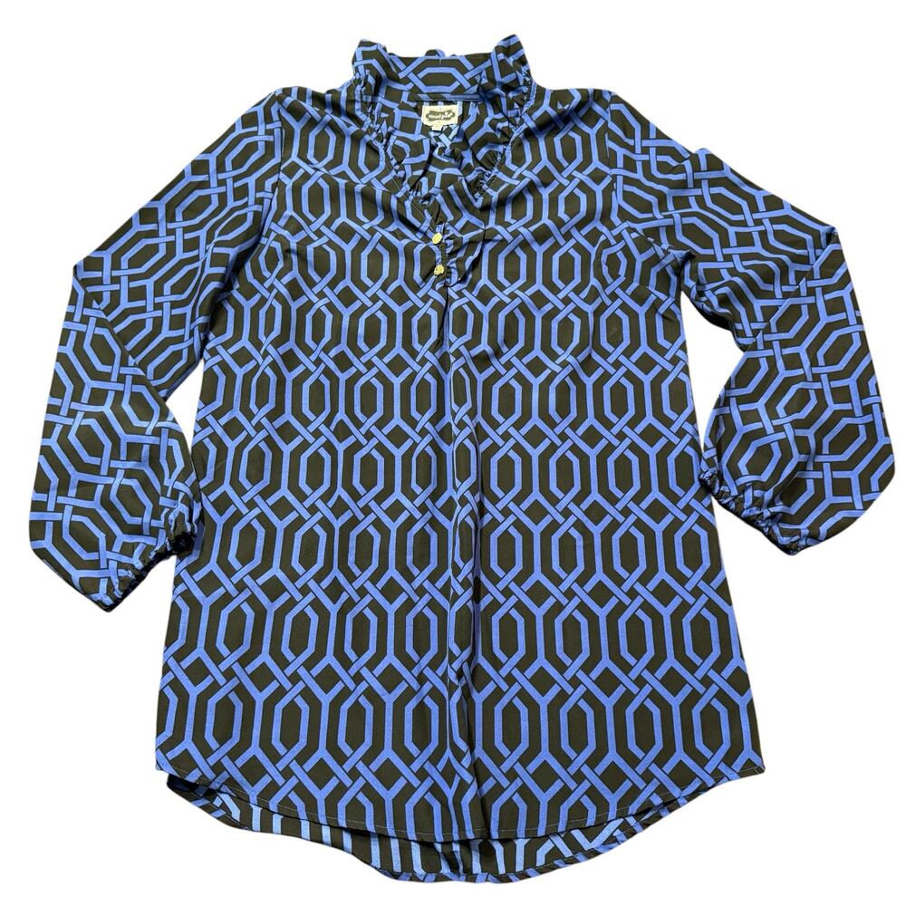 Mud Pie Women’s swim coverup, blue black geometric pattern with ruffle detail, M